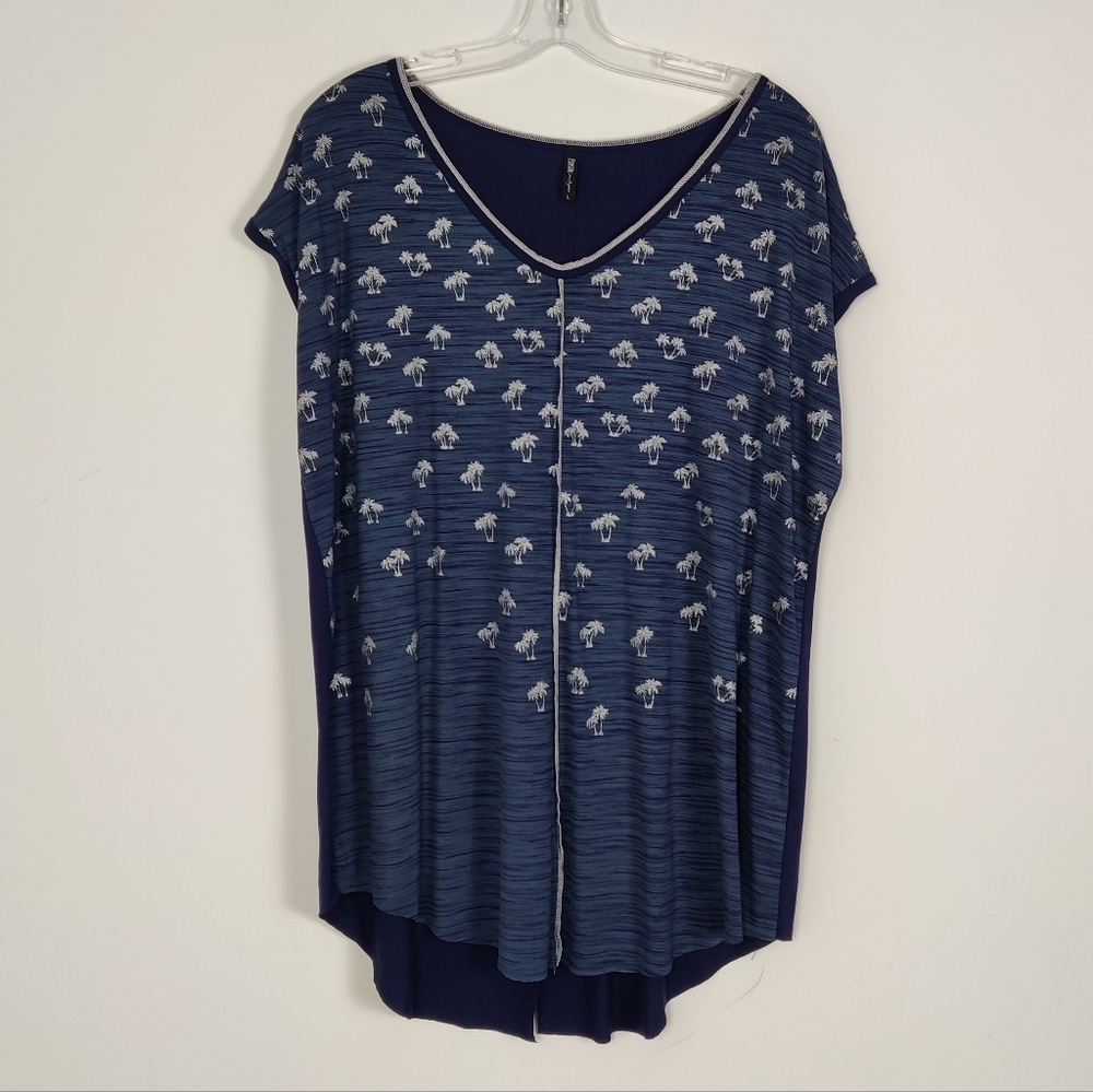 Edista Women's Blue Palm Tree Print Tunic Top Size Large Hawaiian Resortwear NEW